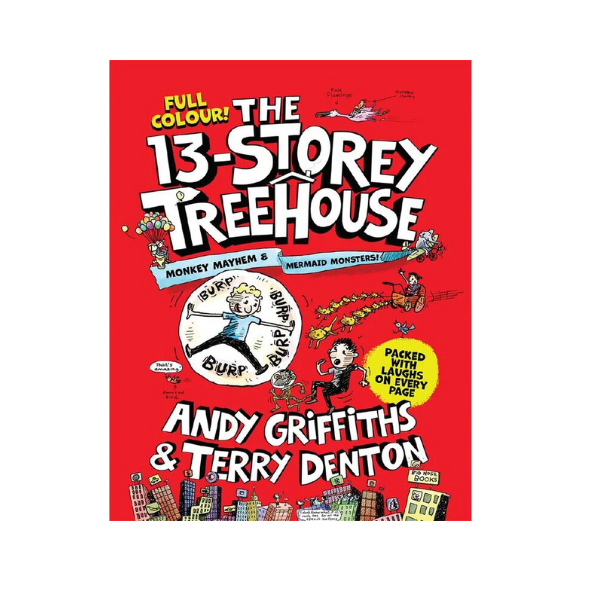 Book red with the title The 13 stores treehouse
