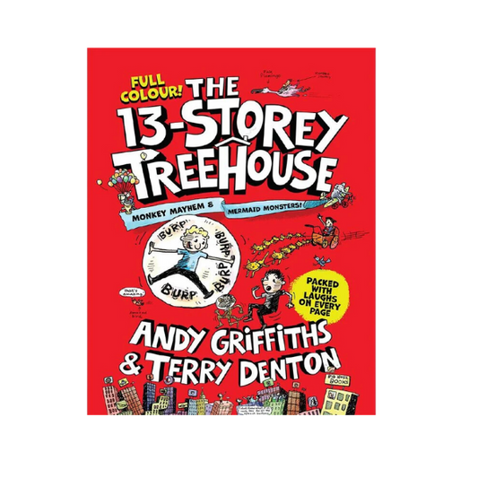 Book red with the title The 13 stores treehouse