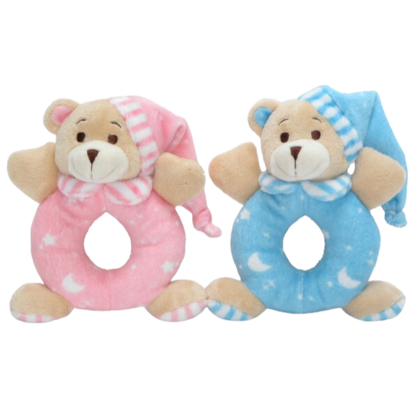 Soft Bear Baby Rattles, one pink, one blue with sleepy hats on