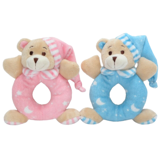 Soft Bear Baby Rattles, one pink, one blue with sleepy hats on