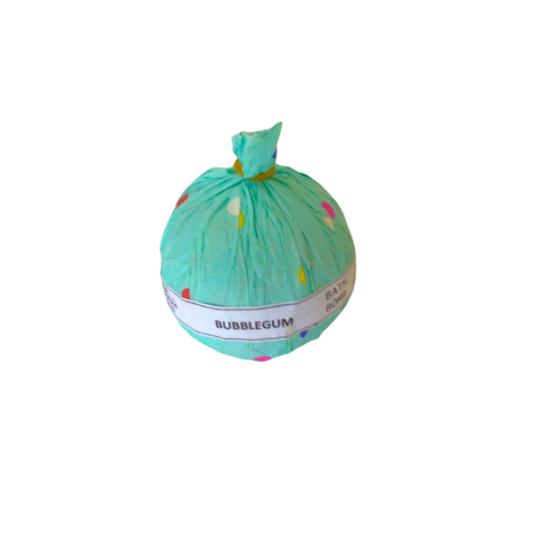 Round bath bomb wrapped in aqua tissue paper with coloured dots. Show the fragrance as “bubblegum”.