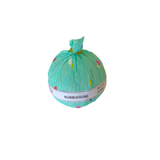 Round bath bomb wrapped in aqua tissue paper with coloured dots. Show the fragrance as “bubblegum”.