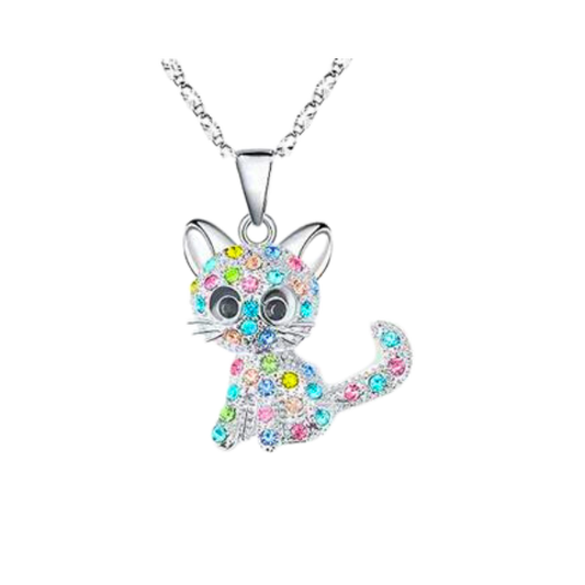 Cat shaped pendant on silver chain. The cat is studded with coloured rhinestones.