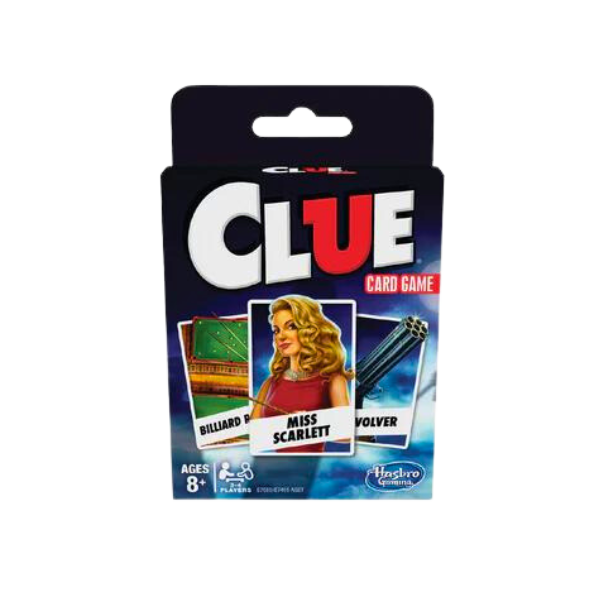 Blue and black card pack. Name of the card game is Clue written in large whit and red letters. Includes a picture  of what the cards inside look like.