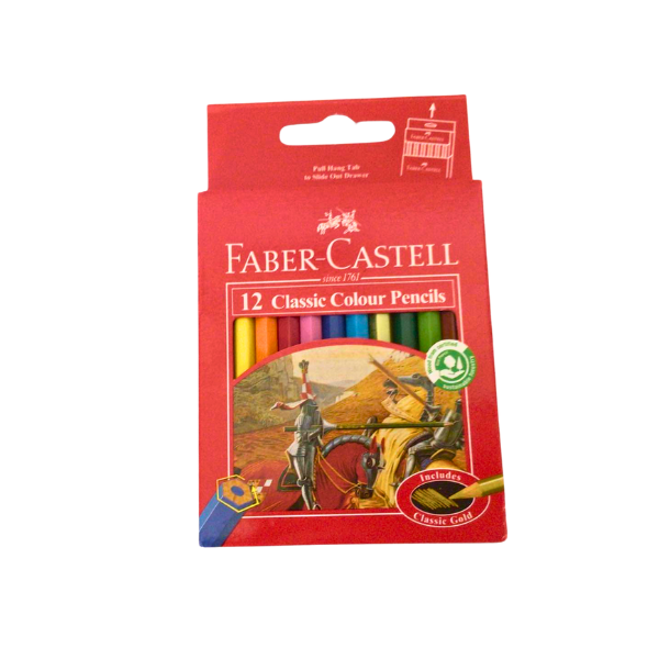 Red coloured pack of half sized Faber Castell colouring pencils