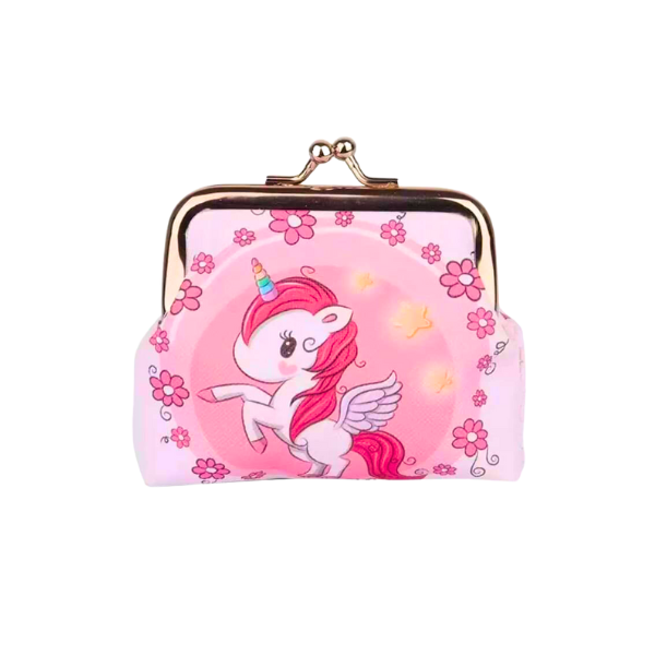 Small pink and white purse with a unicorn and metal clasp