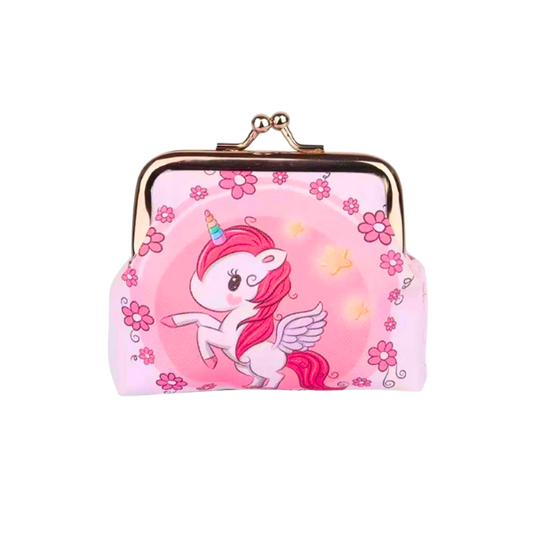 Small pink and white purse with a unicorn and metal clasp