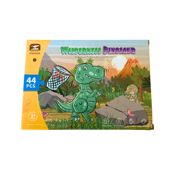 Box titled Wilderness  Dinosaur showing a green dinosaur with a butterfly net in the wilderness. Box states there are 44 pieces to the puzzle.