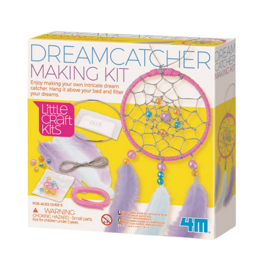 Yellow and white box titled Dreamcatcher Making Kit. Shows a picture of the made up dream catcher