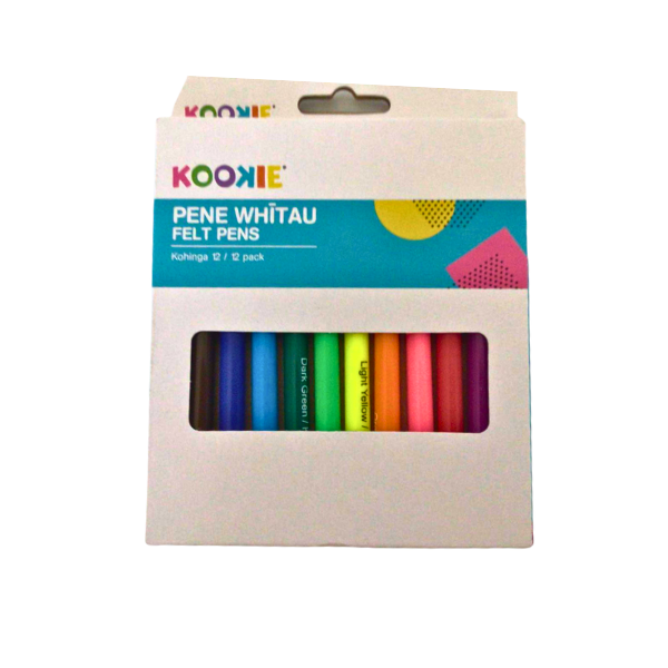 Packet of half sized felt pens in a white and blue pack. The brand Kookie is also written in Te Reo.