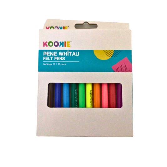 Packet of half sized felt pens in a white and blue pack. The brand Kookie is also written in Te Reo.