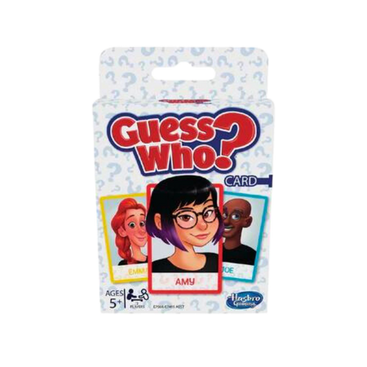 White box featuring the Title in large red letters Guess Who card game. Show an example of what the cards inside are like.