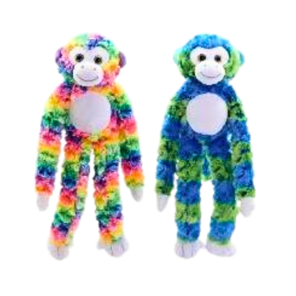 Blue and white plush monkey with long arms and Velcro hands so monkey can hang from objects