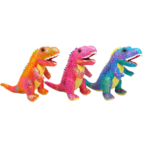3 dinosaur soft toys, one blue and yellow, one pink and yellow and one orange and yellow