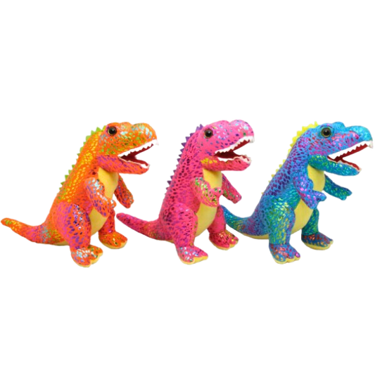 3 dinosaur soft toys, one blue and yellow, one pink and yellow and one orange and yellow