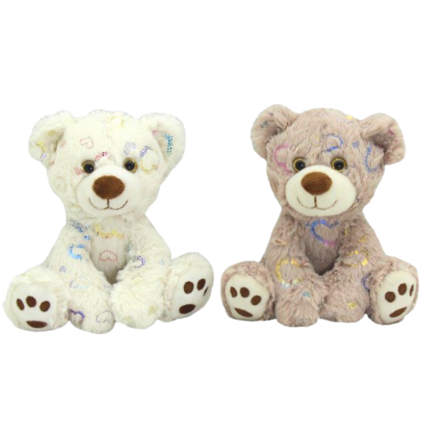 Two soft plush teddies, one cream, the other light brown. Both have embroidered hearts all over