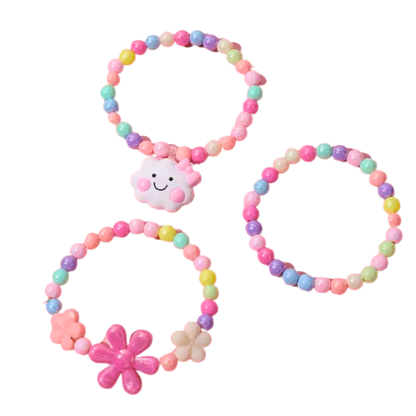 Three different styles of colourful bracelets made from coloured round balls and featuring small flowers and other styles.