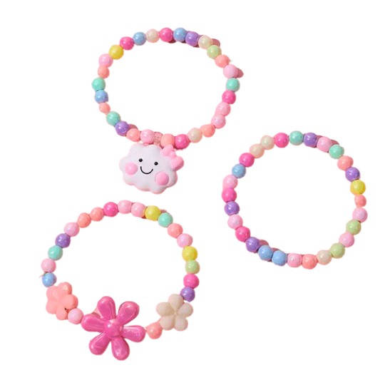Three different styles of colourful bracelets made from coloured round balls and featuring small flowers and other styles.