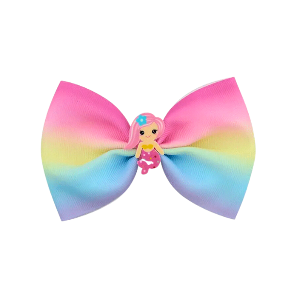 Pink, blue and yellow pastel bow with a mermaid in the middle