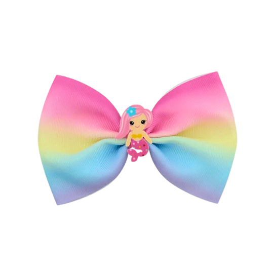 Pink, blue and yellow pastel bow with a mermaid in the middle