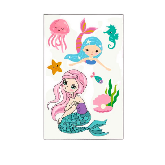 Small sheet showing a range of mermaid, stars, seahorses to be used as temporary tattoos. All colours