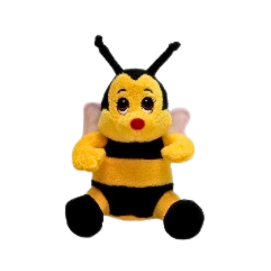 Yellow and black buzzy bee soft toy with wings and antennae