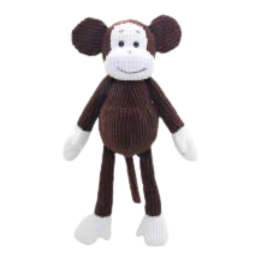 Brown monkey soft toy with a white face and large white hands and feet