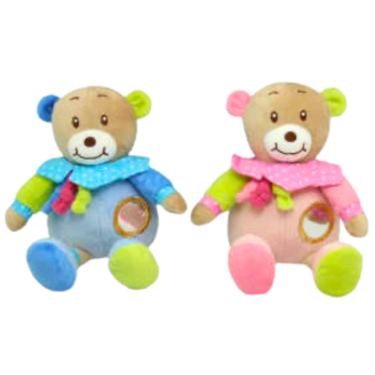 Two baby soft toys, one with pink trim and one with blue trim. It has a mirror on one side of its body