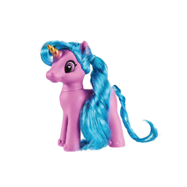 Small soft plastic unicorn, bright pink with long thick blue curly mane and a gold horn