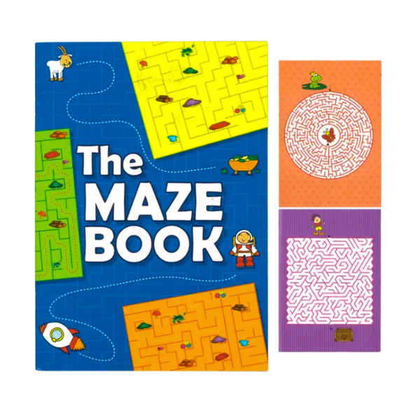 Large kids soft cover book. Blue with yellow and green, orange and the word The Maze Book