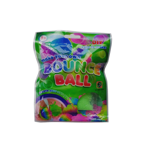 Green pouch containing items needed to make bounce ball. Has the words Make your own bounce ball on the front