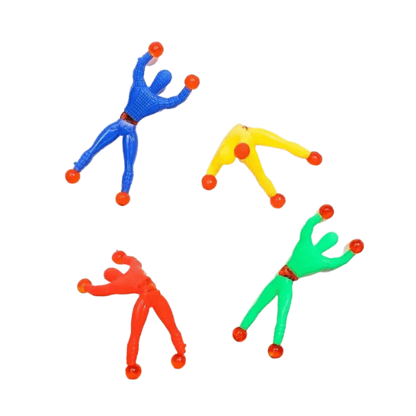 Four sticky men stuck to the wall in various poses. Colours red, green, blue and yellow
