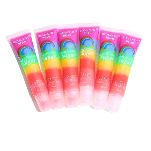 Six tubes of rainbow coloured lip gloss