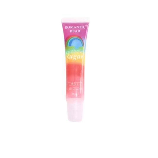 Small tube of lipgloss featuring shades of pink and yellow with a rainbow