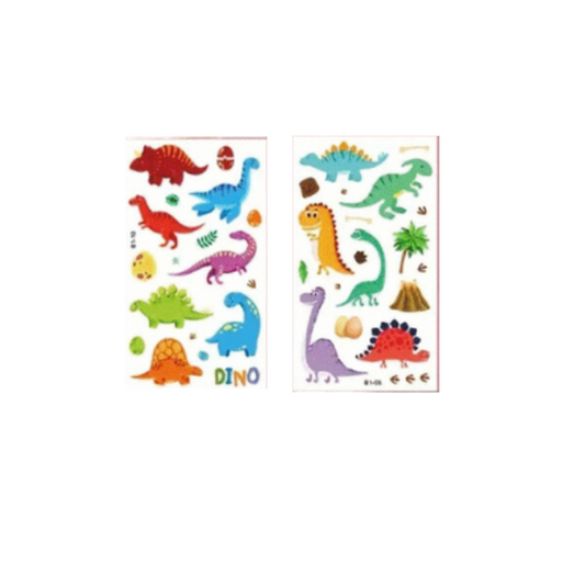 Two sheets of dinosaur temporary stickers. Varying cartoon dinosaurs in varying colours