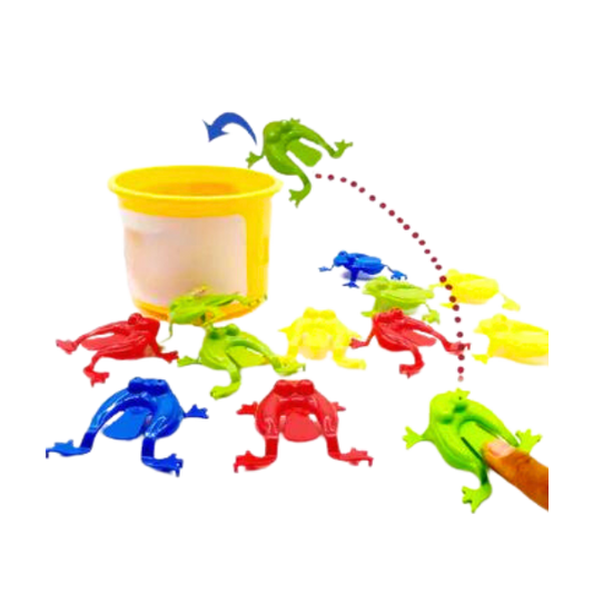 Small plastic frogs in red, green, yellow and blue. depressing the back of the frog with fingers makes it jump.