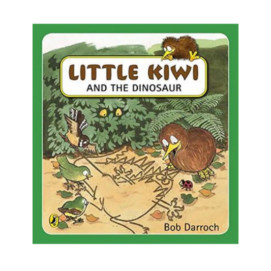 Hard covered book with the title Little Kiwi and the Dinosaur.  Cover features a Kiwi and a Dinosaur and some birds in a forest with foliage in shades of green and brown.
