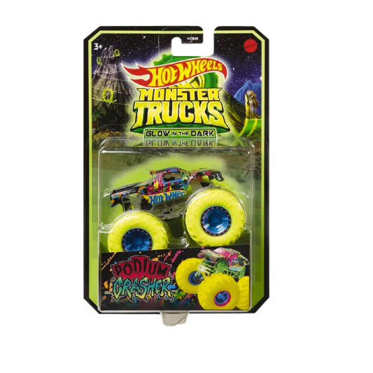 Hot wheels monster truck in a pack. Has large glow in the dark yellow wheels.