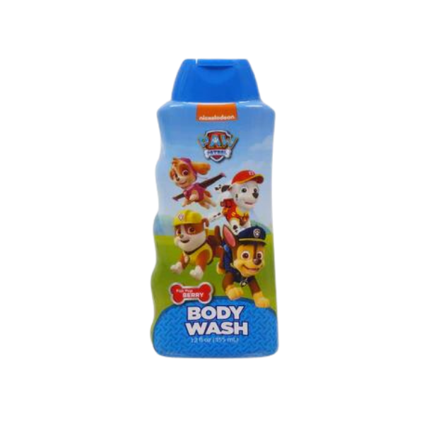 Blue plastic bottle featuring a pictures of the paw patrol characters.  The words body wash are written in white