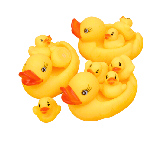 Yellow and orange mother ducks with ducklings. Orange beaks