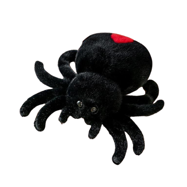 Black plush spider with red dot on back and beady eyes. Soft plush toy