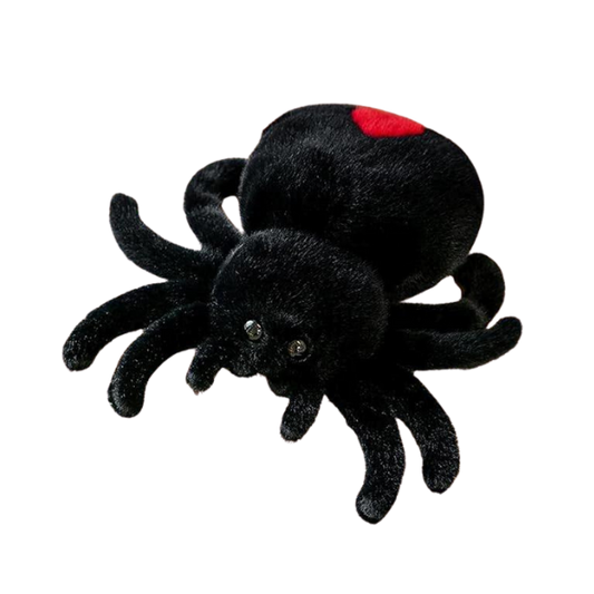 Black plush spider with red dot on back and beady eyes. Soft plush toy