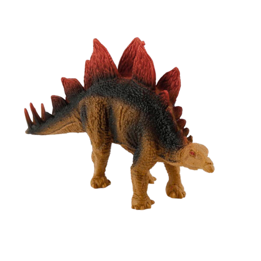 PVC dinosaur, brown with large red spikes on its back