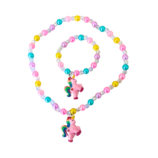 A necklace and a bracelet made with colourful beads and a unicorn trinket attached to both.
