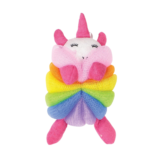 Unicorn themed bath puff with rainbow colours, pink, purple, blue, green, yellow with pink feet, ears and horn