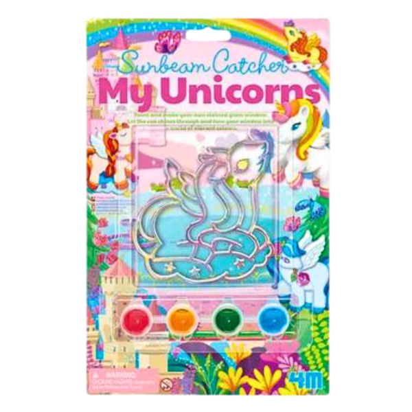 Rainbow coloured pack displaying a stained glass unicorn shape a strip of paint pots, with the wording Sunbeam Catcher My Unicorns.