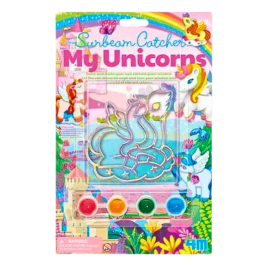 Rainbow coloured pack displaying a stained glass unicorn shape a strip of paint pots, with the wording Sunbeam Catcher My Unicorns.